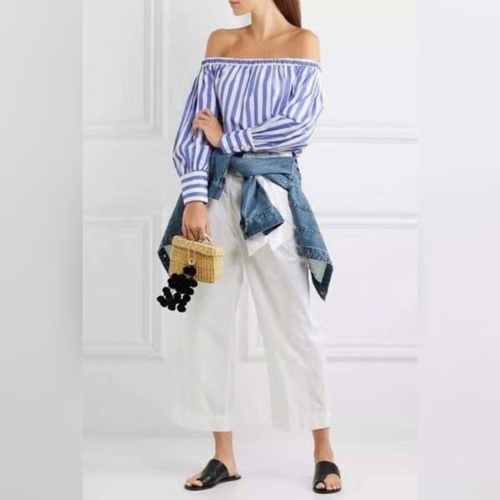 J Crew x Thomas Mason Periwinkle Blue Stripe Off Shoulder Top Shirt 4 Preppy